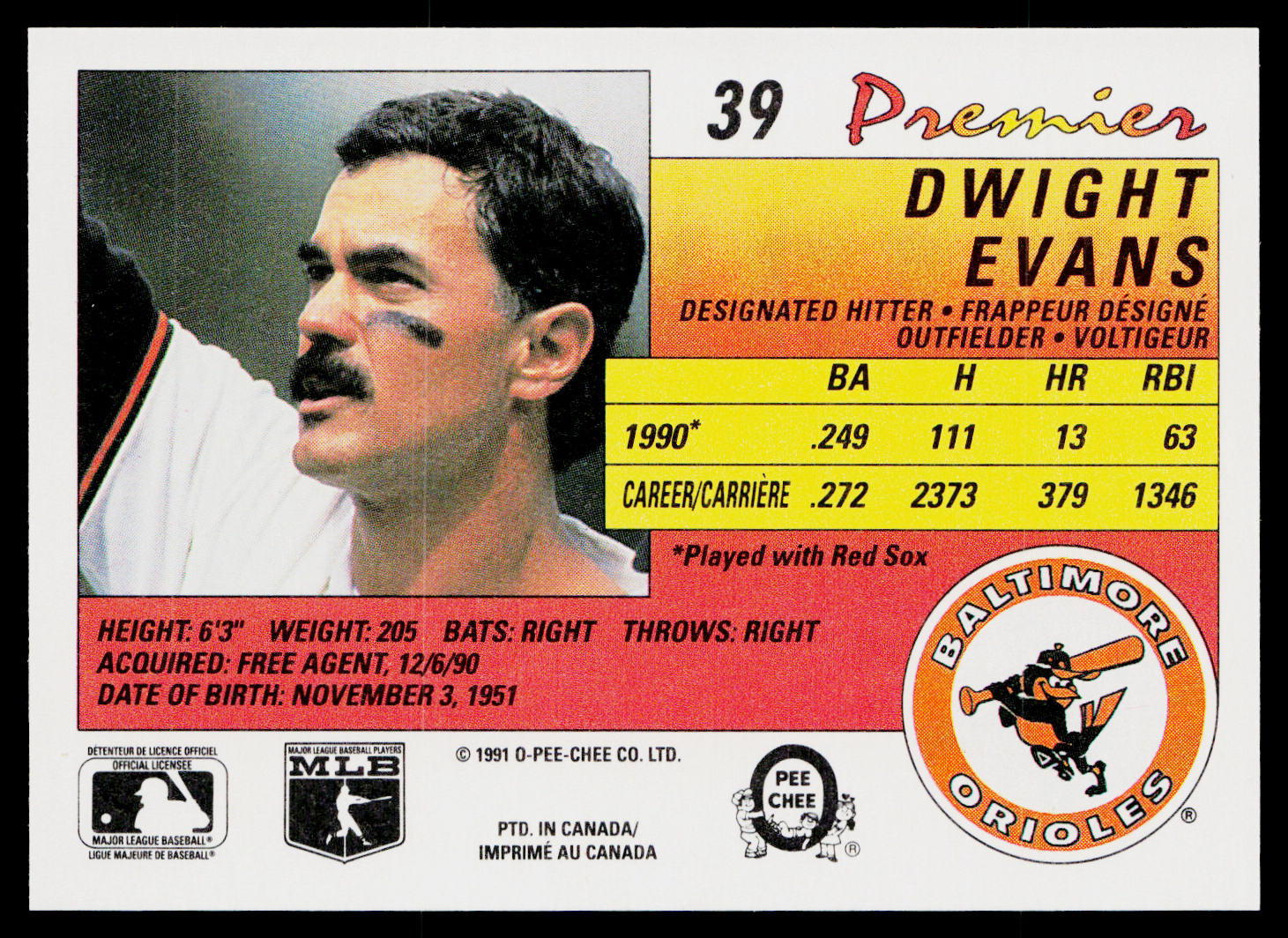 Dwight Evans 1991 O-Pee-Chee Premier #39 Baltimore Orioles