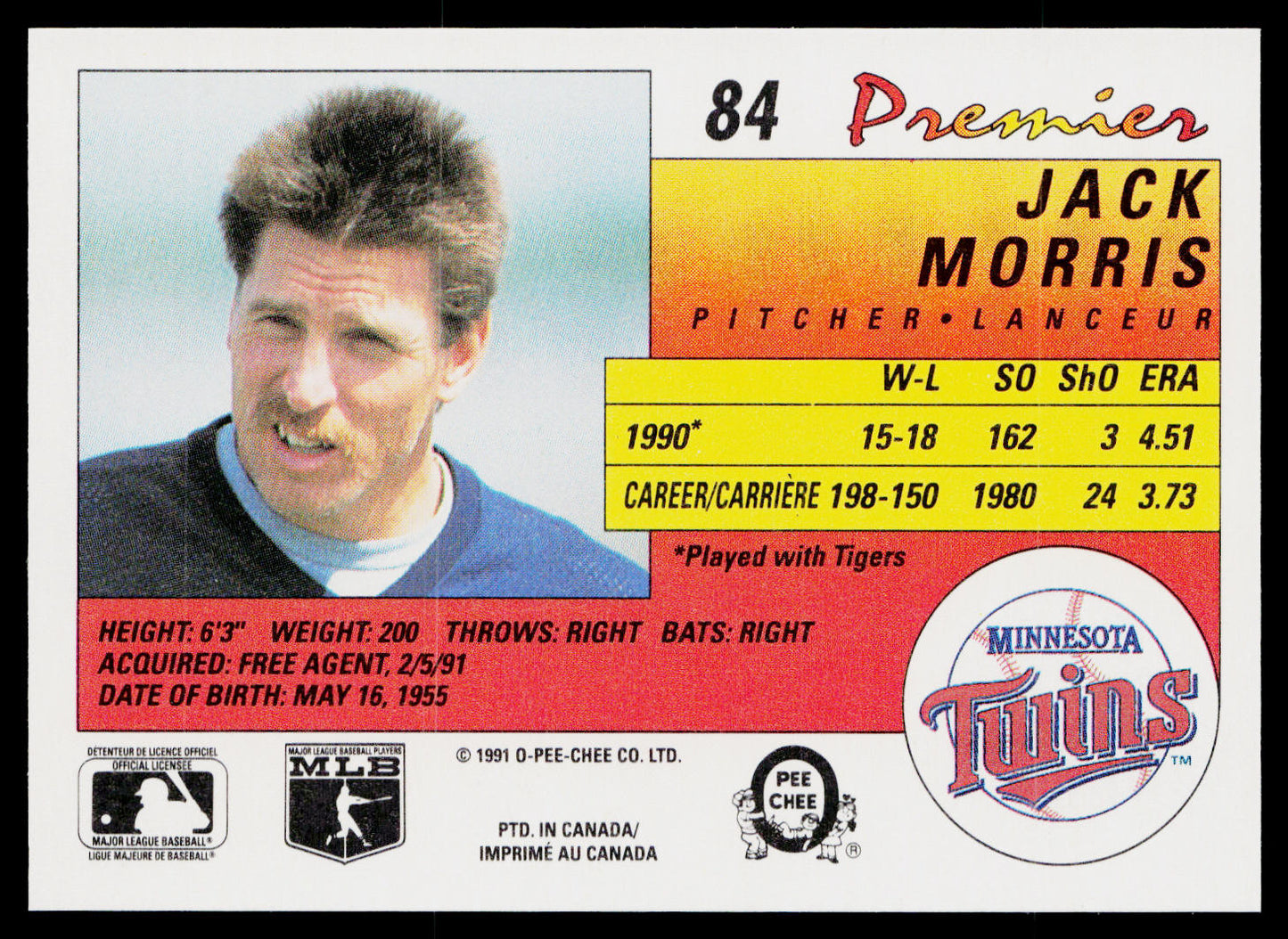 Jack Morris 1991 O-Pee-Chee Premier #84 Minnesota Twins