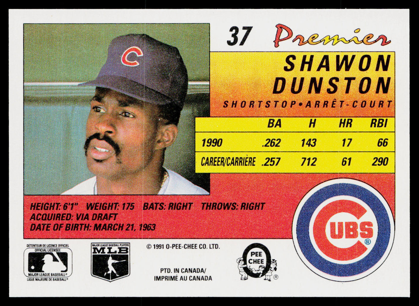Shawon Dunston 1991 O-Pee-Chee Premier #37 Chicago Cubs