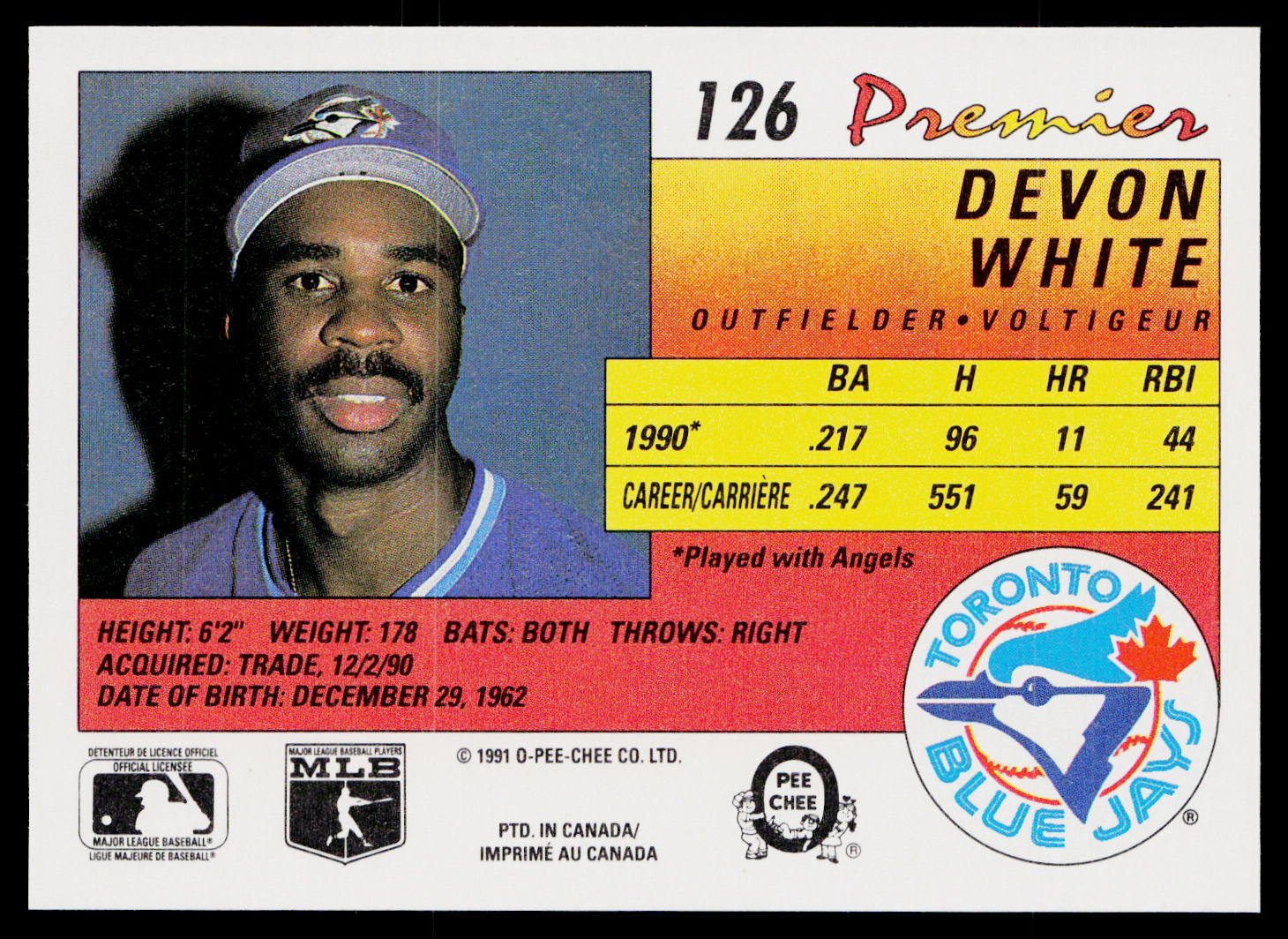Devon White 1991 O-Pee-Chee Premier #126 Toronto Blue Jays