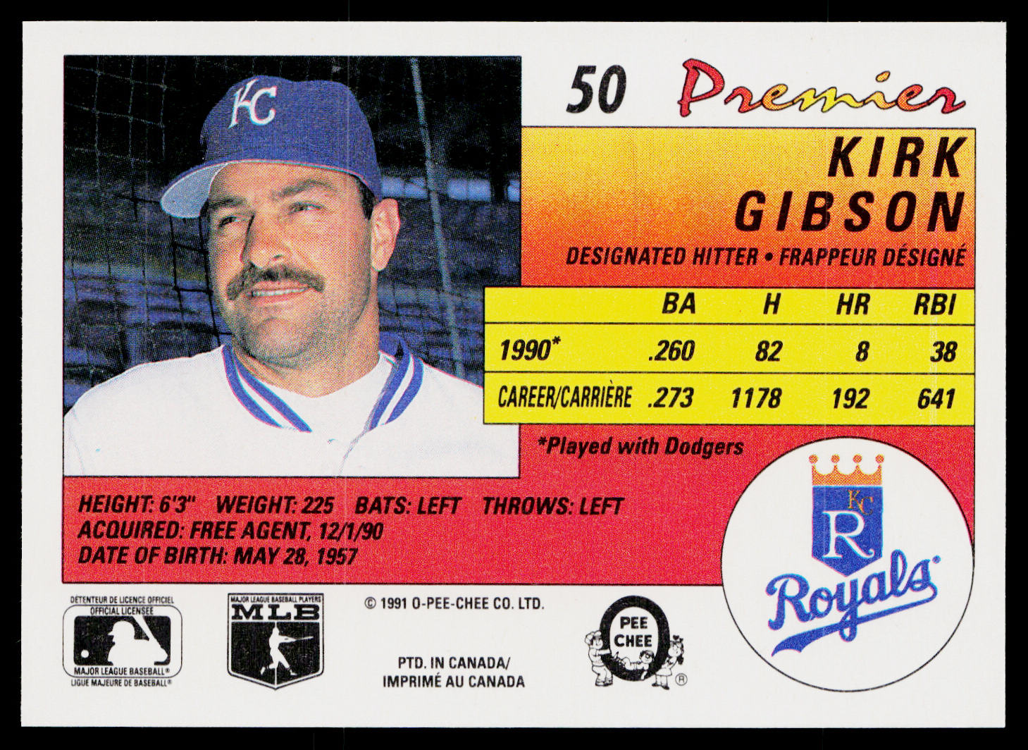 Kirk Gibson 1991 O-Pee-Chee Premier #50 Kansas City Royals