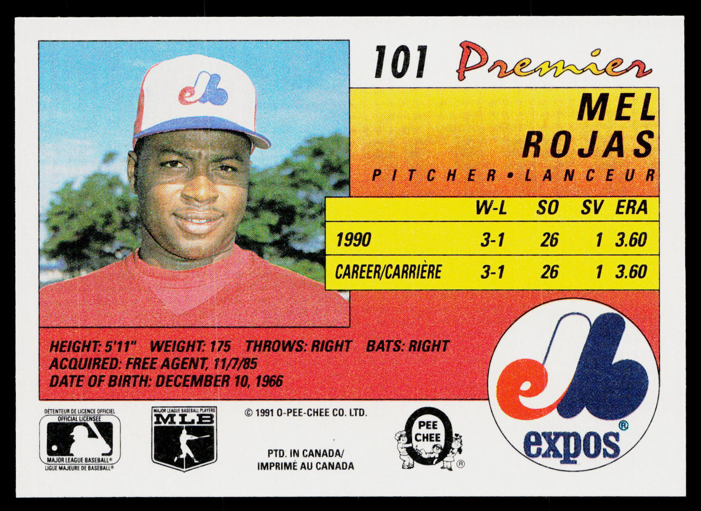 Mel Rojas 1991 O-Pee-Chee Premier #101 Montreal Expos