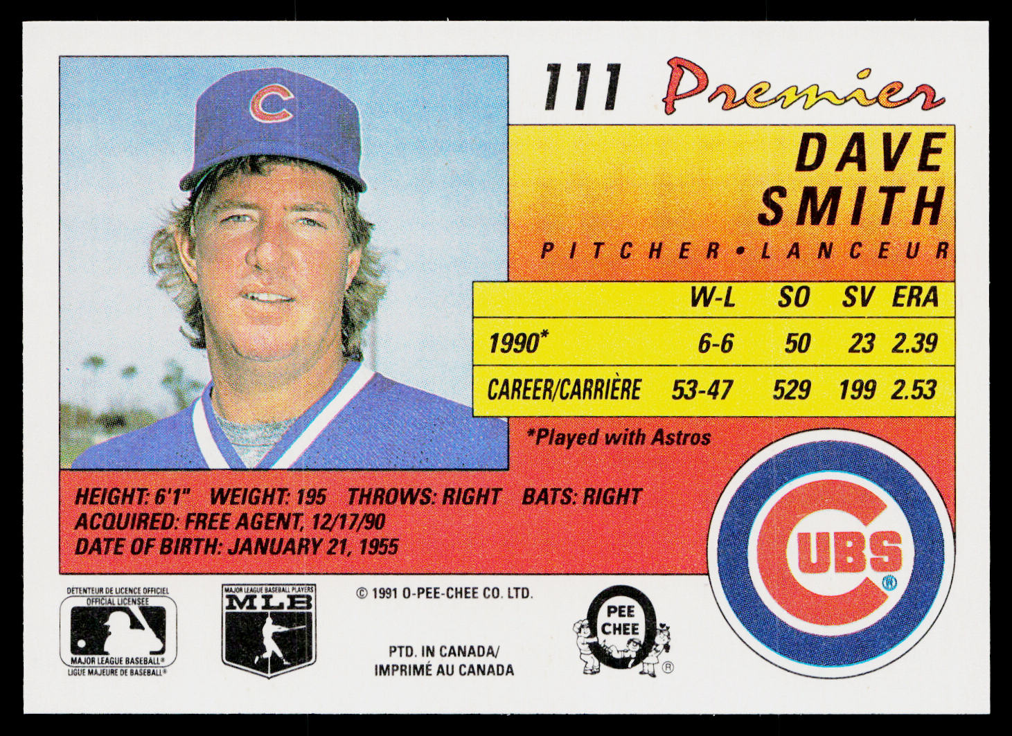 Dave Smith 1991 O-Pee-Chee Premier #111 Chicago Cubs
