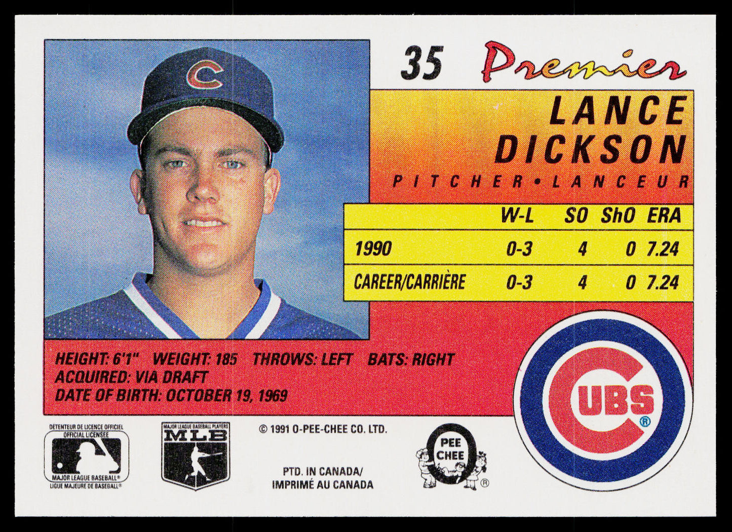 Lance Dickson 1991 O-Pee-Chee Premier #35 RC Chicago Cubs