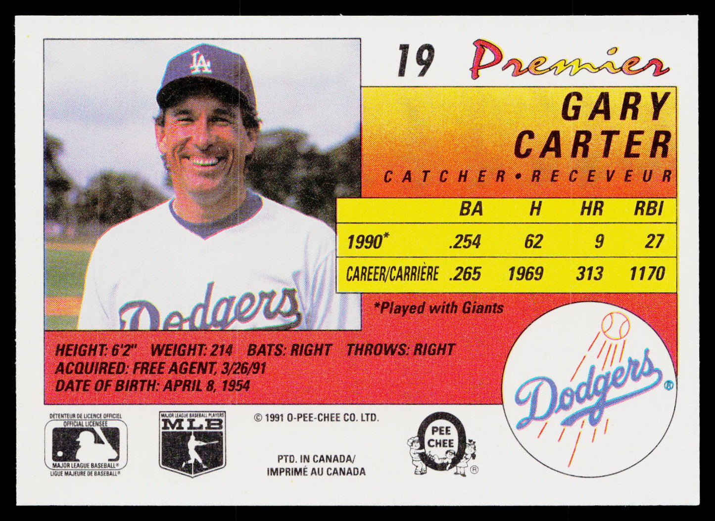 Gary Carter 1991 O-Pee-Chee Premier #19 Los Angeles Dodgers