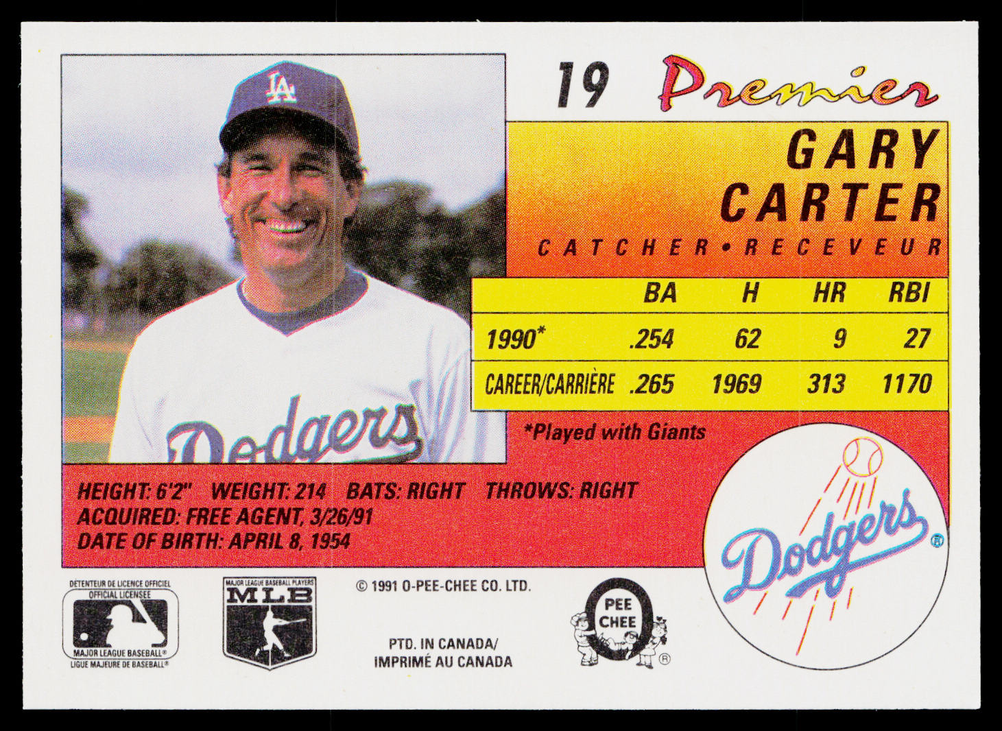 Gary Carter 1991 O-Pee-Chee Premier #19 Los Angeles Dodgers