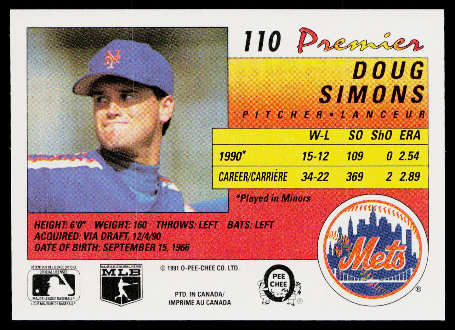 Doug Simons 1991 O-Pee-Chee Premier #110 RC New York Mets