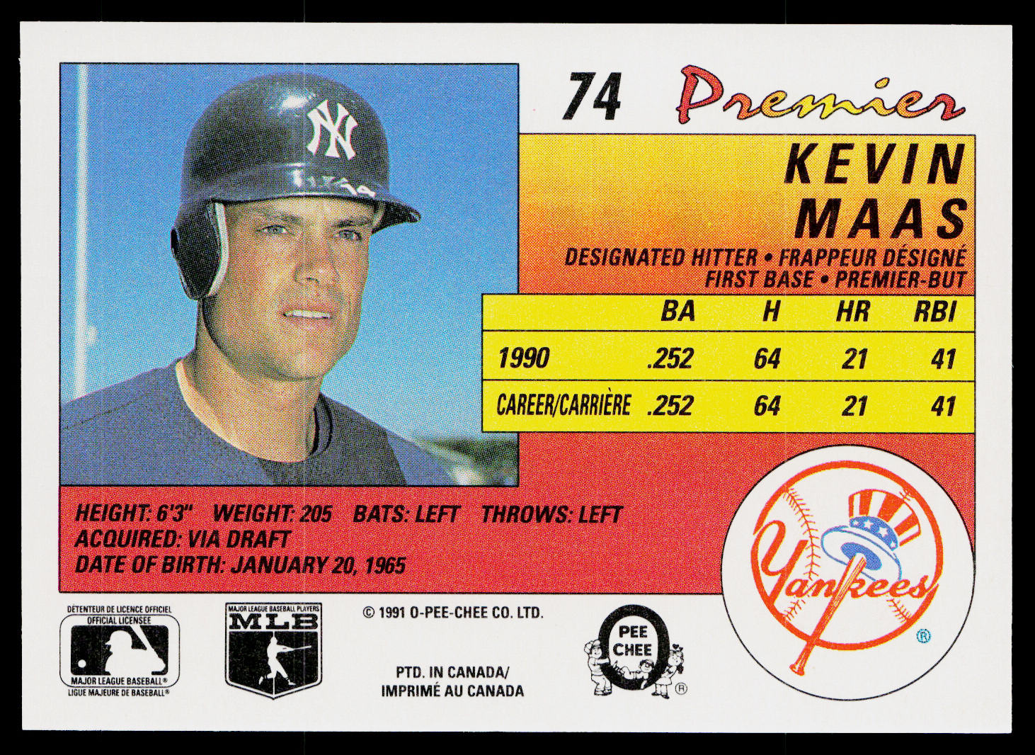 Kevin Maas 1991 O-Pee-Chee Premier #74 New York Yankees