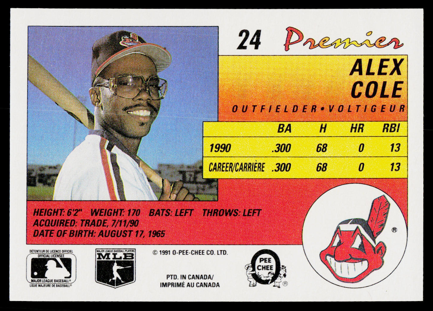Alex Cole 1991 O-Pee-Chee Premier #24 Cleveland Indians