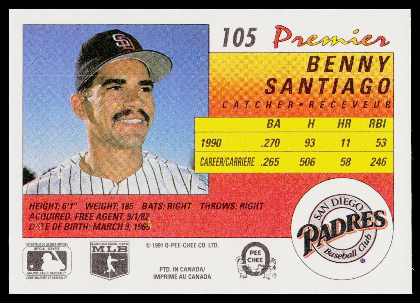 Benny Santiago 1991 O-Pee-Chee Premier #105 San Diego Padres