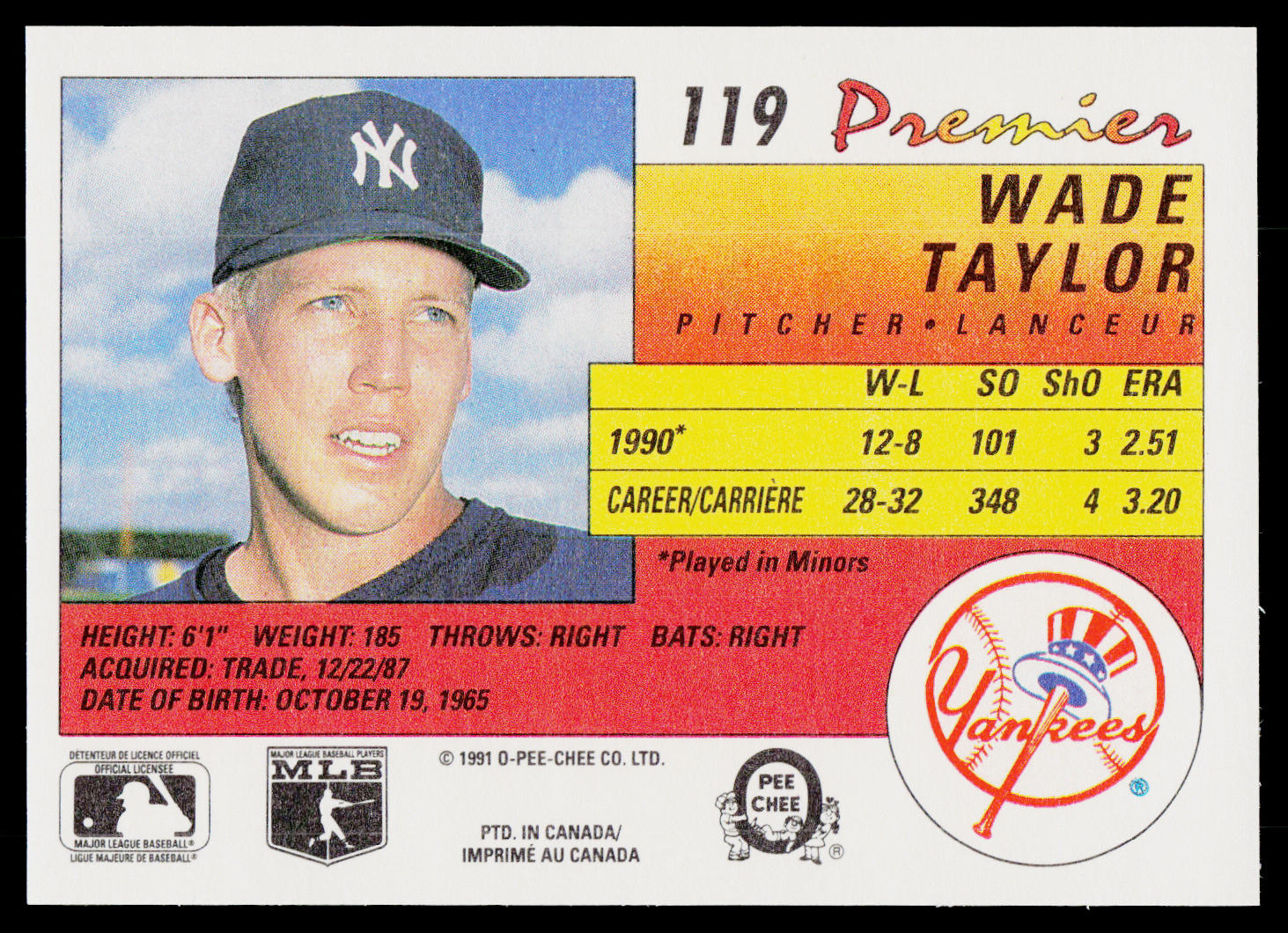 Wade Taylor 1991 O-Pee-Chee Premier #119 RC New York Yankees