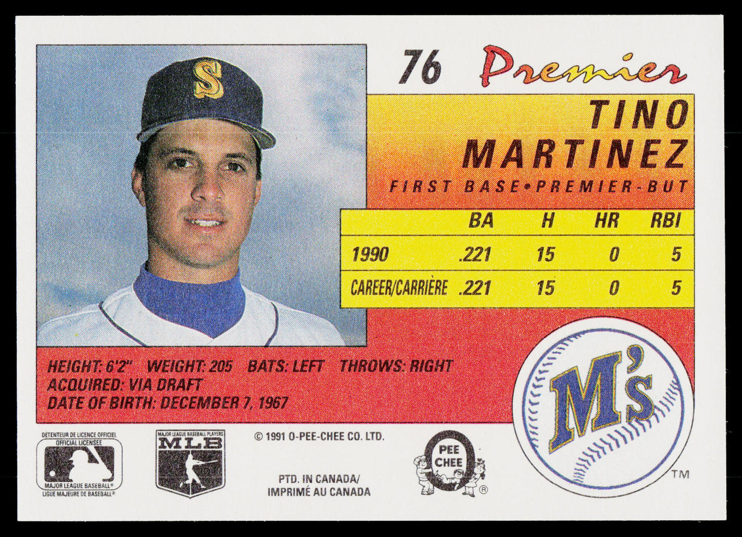 Tino Martinez 1991 O-Pee-Chee Premier #76 Seattle Mariners