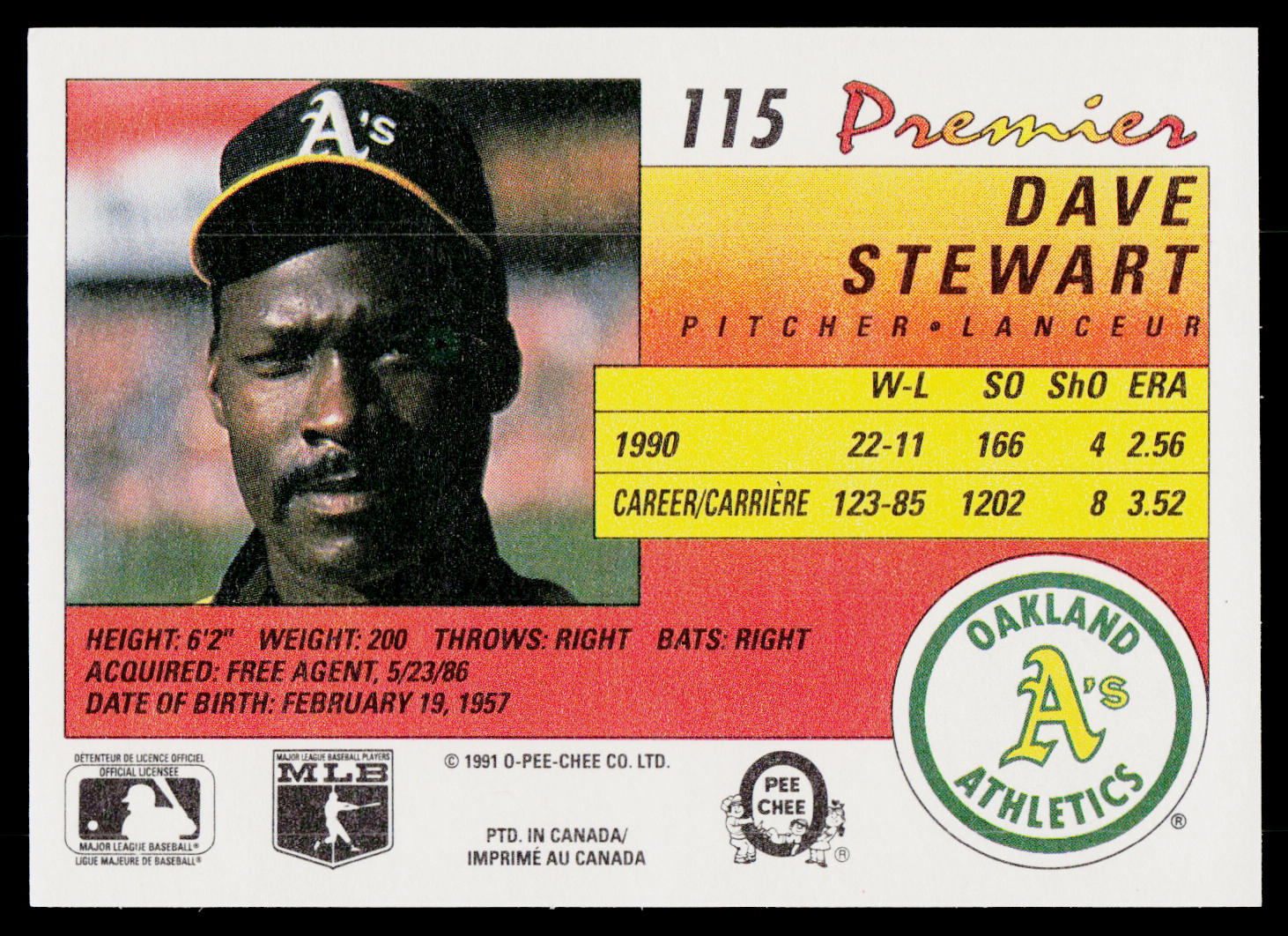 Dave Stewart 1991 O-Pee-Chee Premier #115 Oakland Athletics