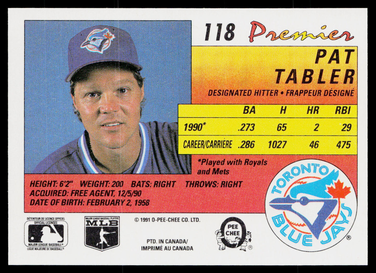 Pat Tabler 1991 O-Pee-Chee Premier #118 Toronto Blue Jays