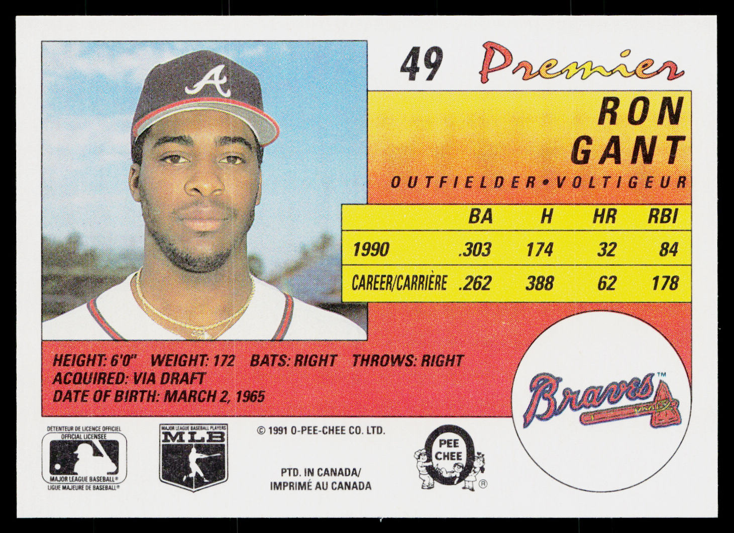 Ron Gant 1991 O-Pee-Chee Premier #49 Atlanta Braves