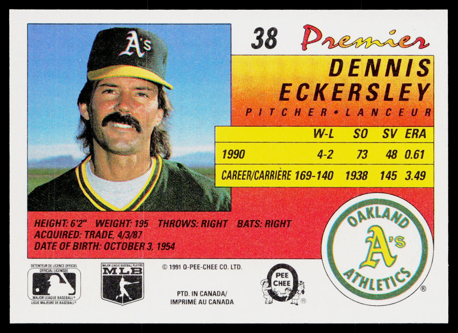 Dennis Eckersley 1991 O-Pee-Chee Premier #38 Oakland Athletics