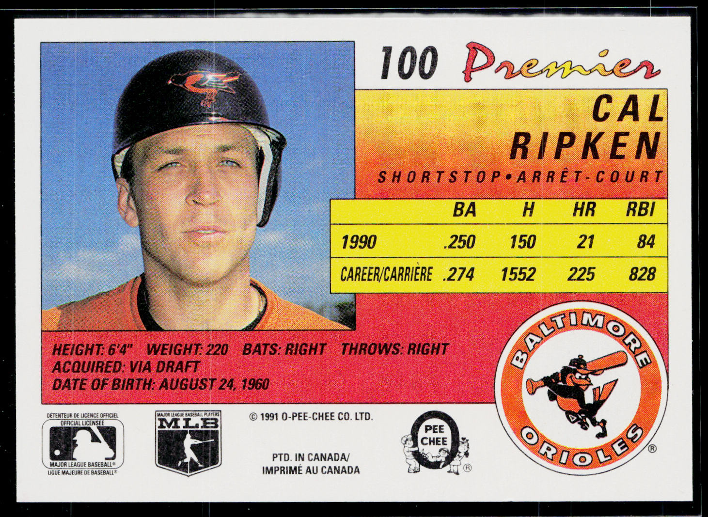 Cal Ripken 1991 O-Pee-Chee Premier #100 Baltimore Orioles