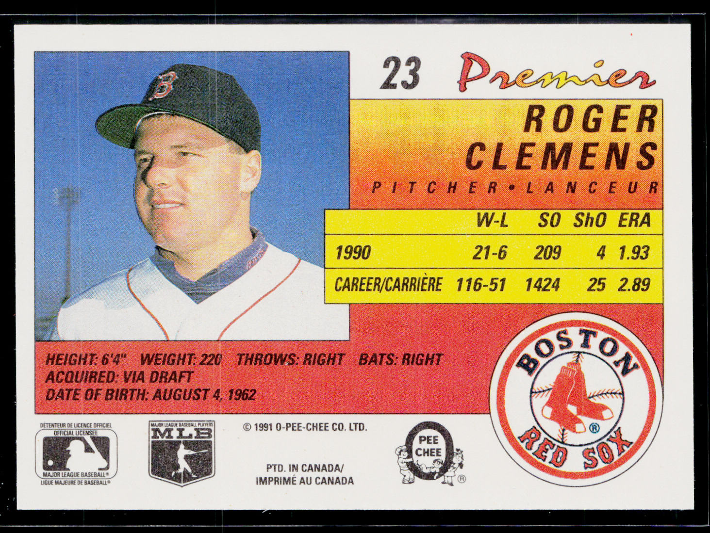 Roger Clemens 1991 O-Pee-Chee Premier #23 Boston Red Sox