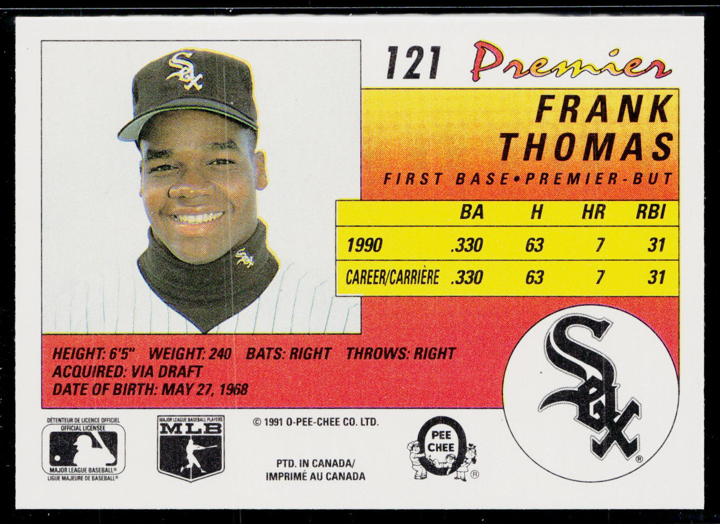 Frank Thomas 1991 O-Pee-Chee Premier #121 Chicago White Sox