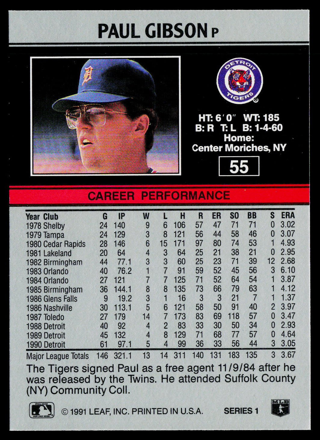 Paul Gibson 1991 Leaf #55 Detroit Tigers