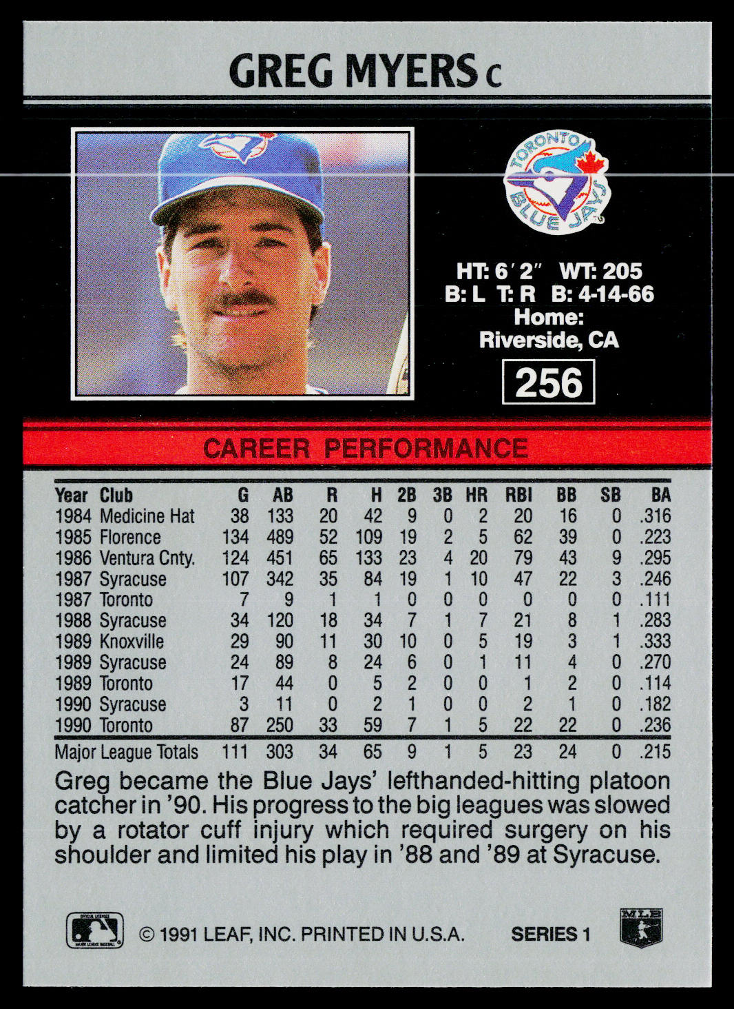 Greg Myers 1991 Leaf #256 Toronto Blue Jays
