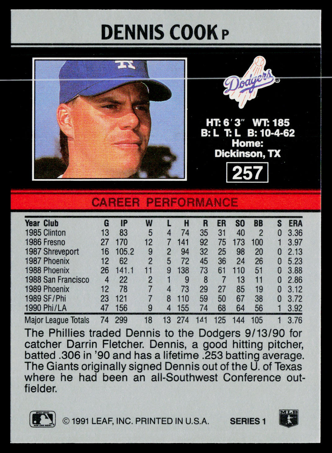 Dennis Cook 1991 Leaf #257 Los Angeles Dodgers