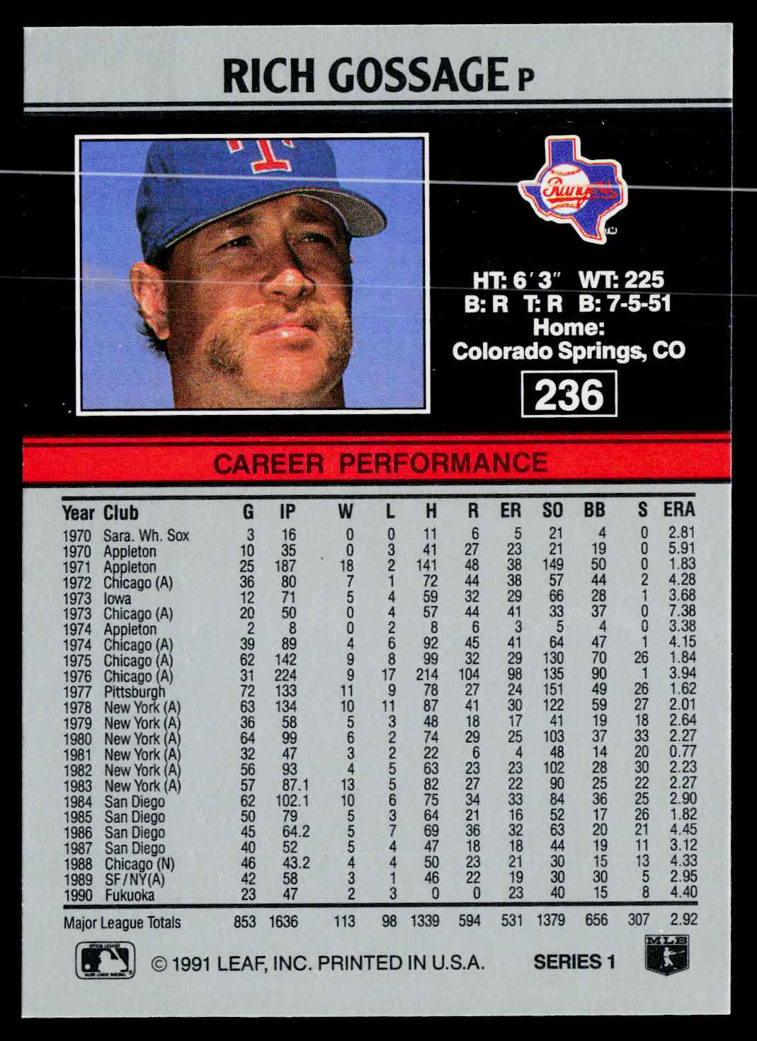 Rich Gossage 1991 Leaf #236 Texas Rangers