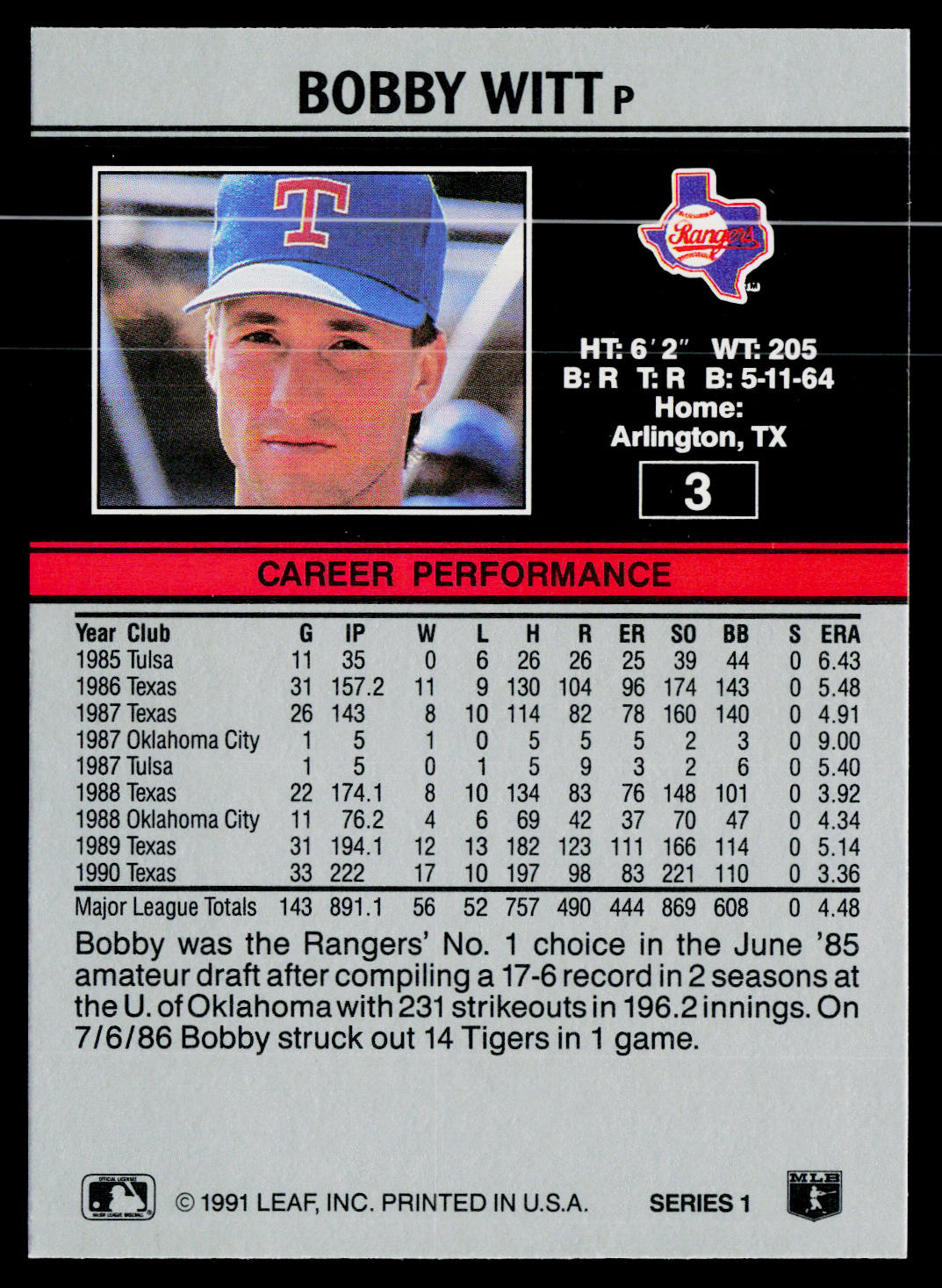 Bobby Witt 1991 Leaf #3 Texas Rangers