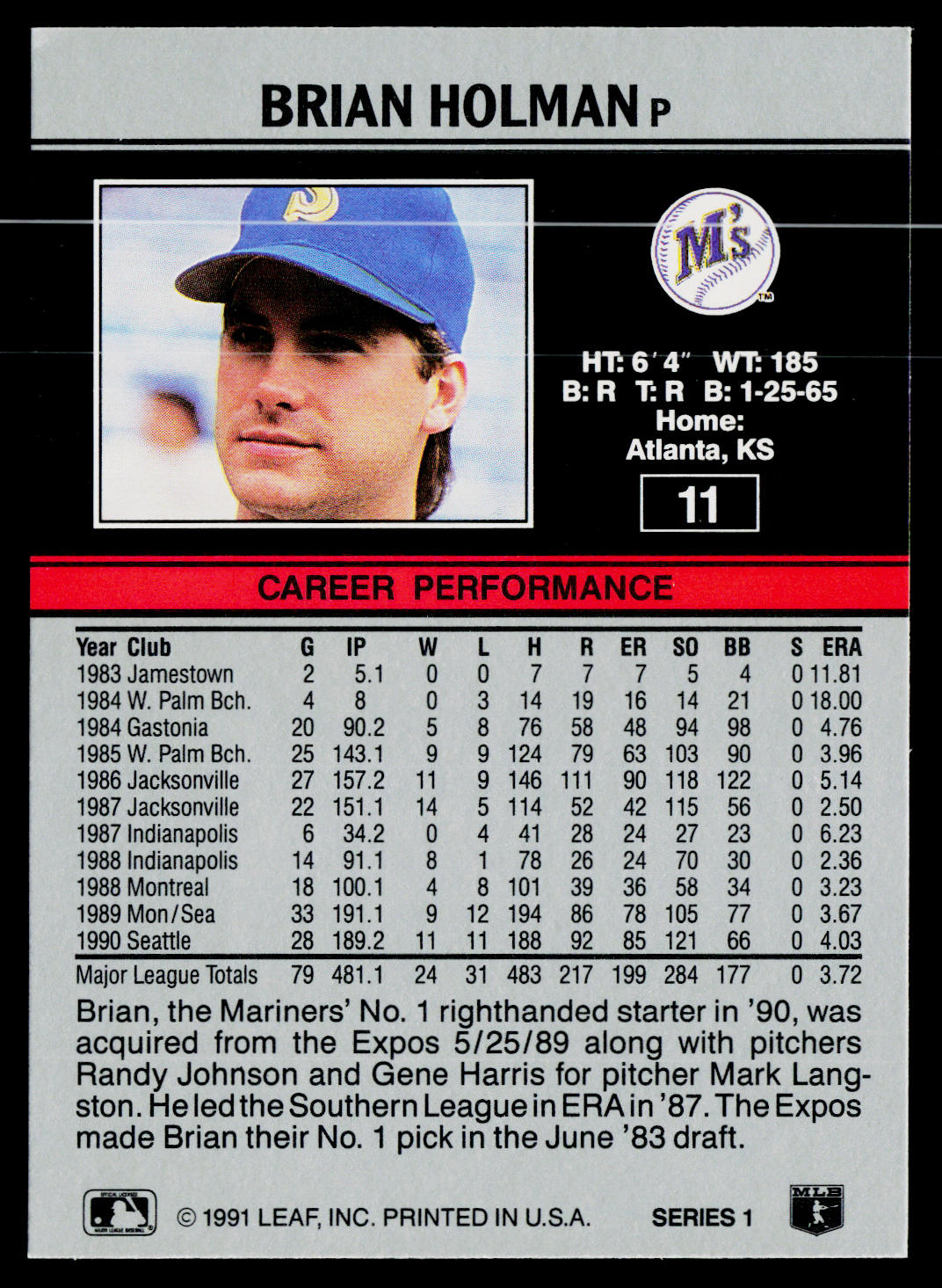 Brian Holman 1991 Leaf #11 Seattle Mariners