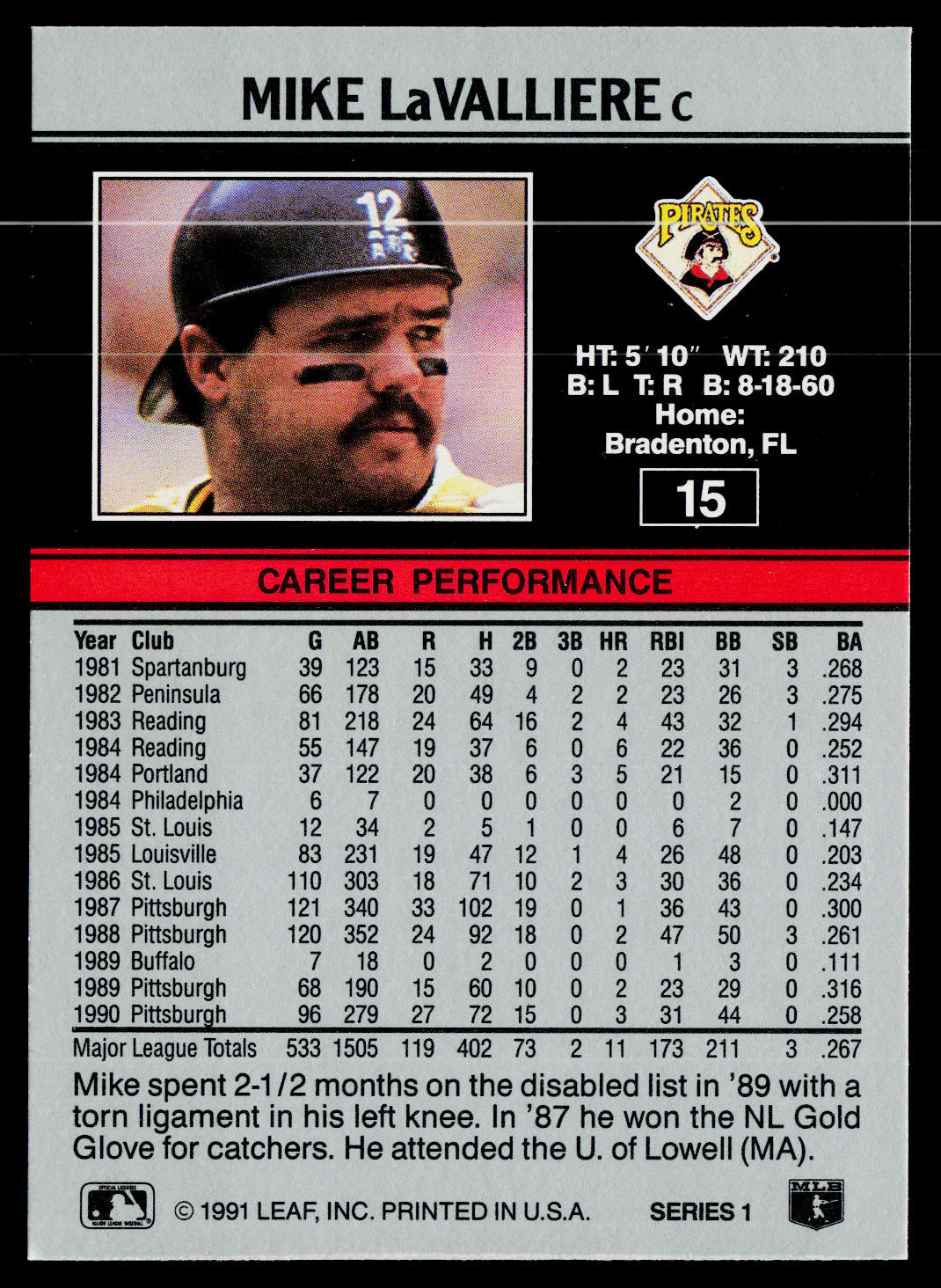 Mike LaValliere 1991 Leaf #15 Pittsburgh Pirates