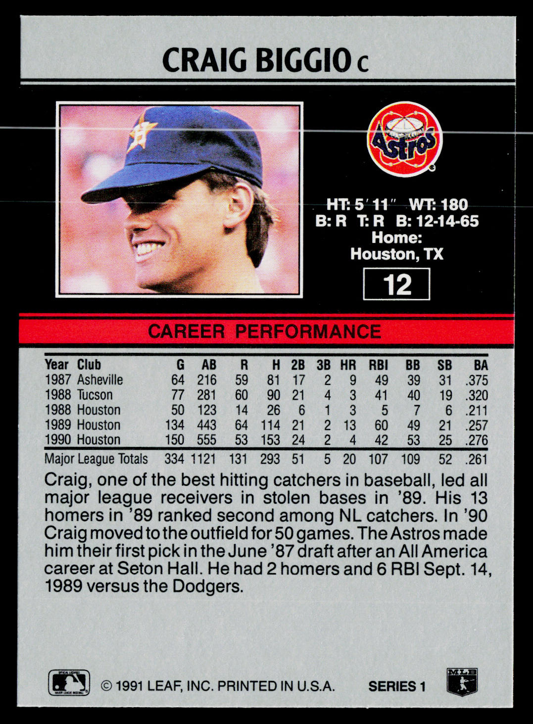 Craig Biggio 1991 Leaf #12 Houston Astros