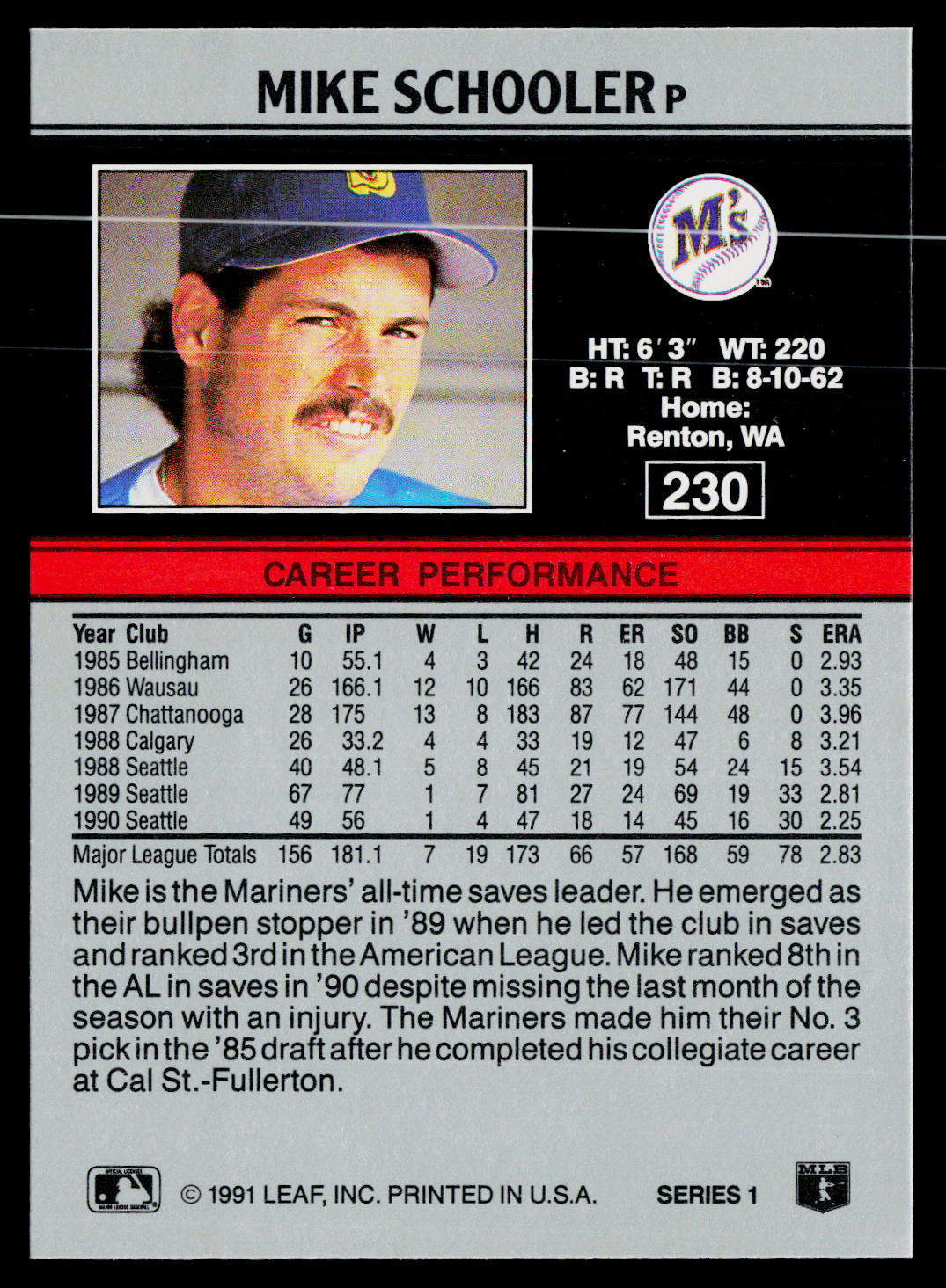 Mike Schooler 1991 Leaf #230 Seattle Mariners