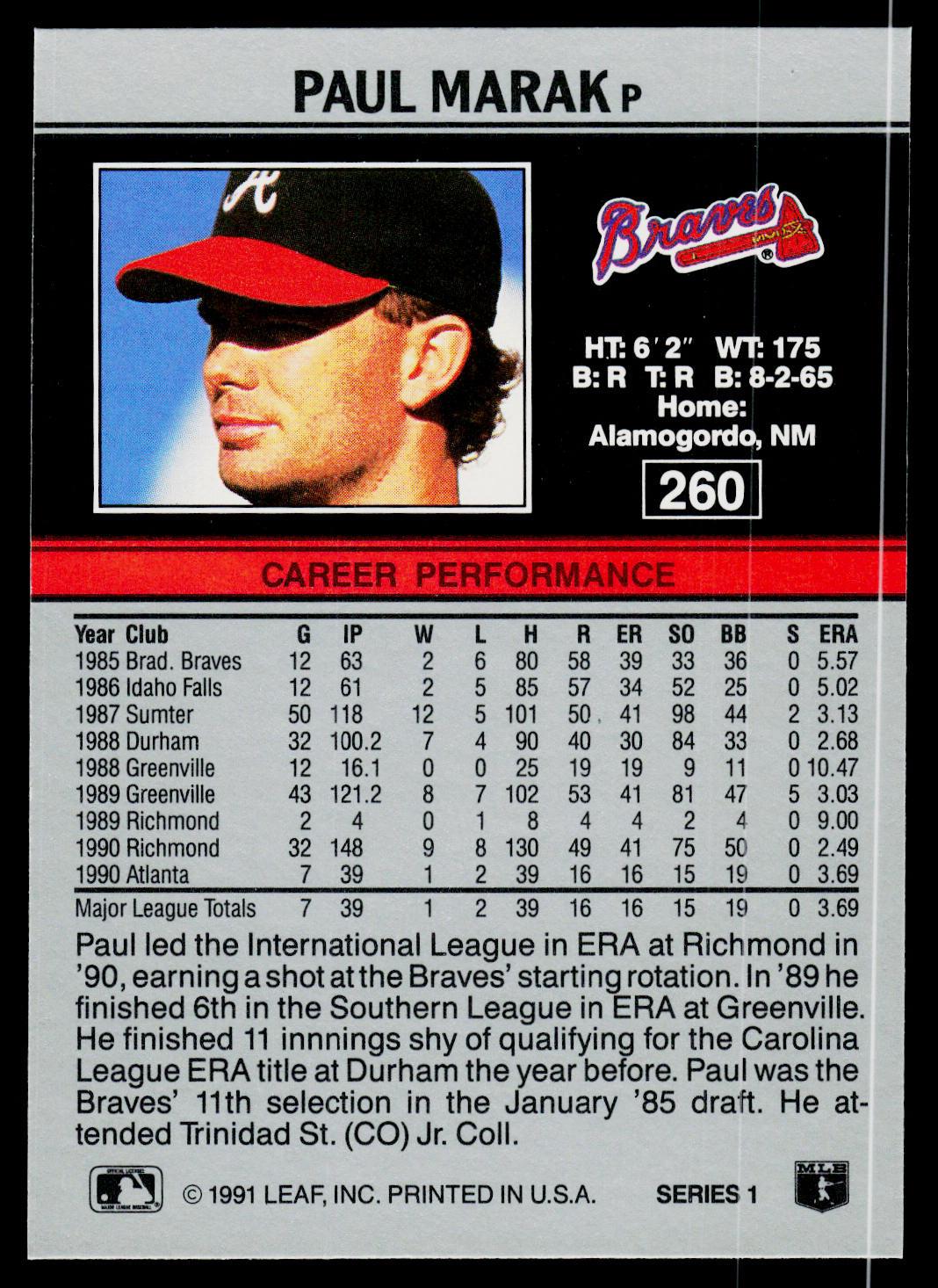Paul Marak 1991 Leaf #260 RC Atlanta Braves