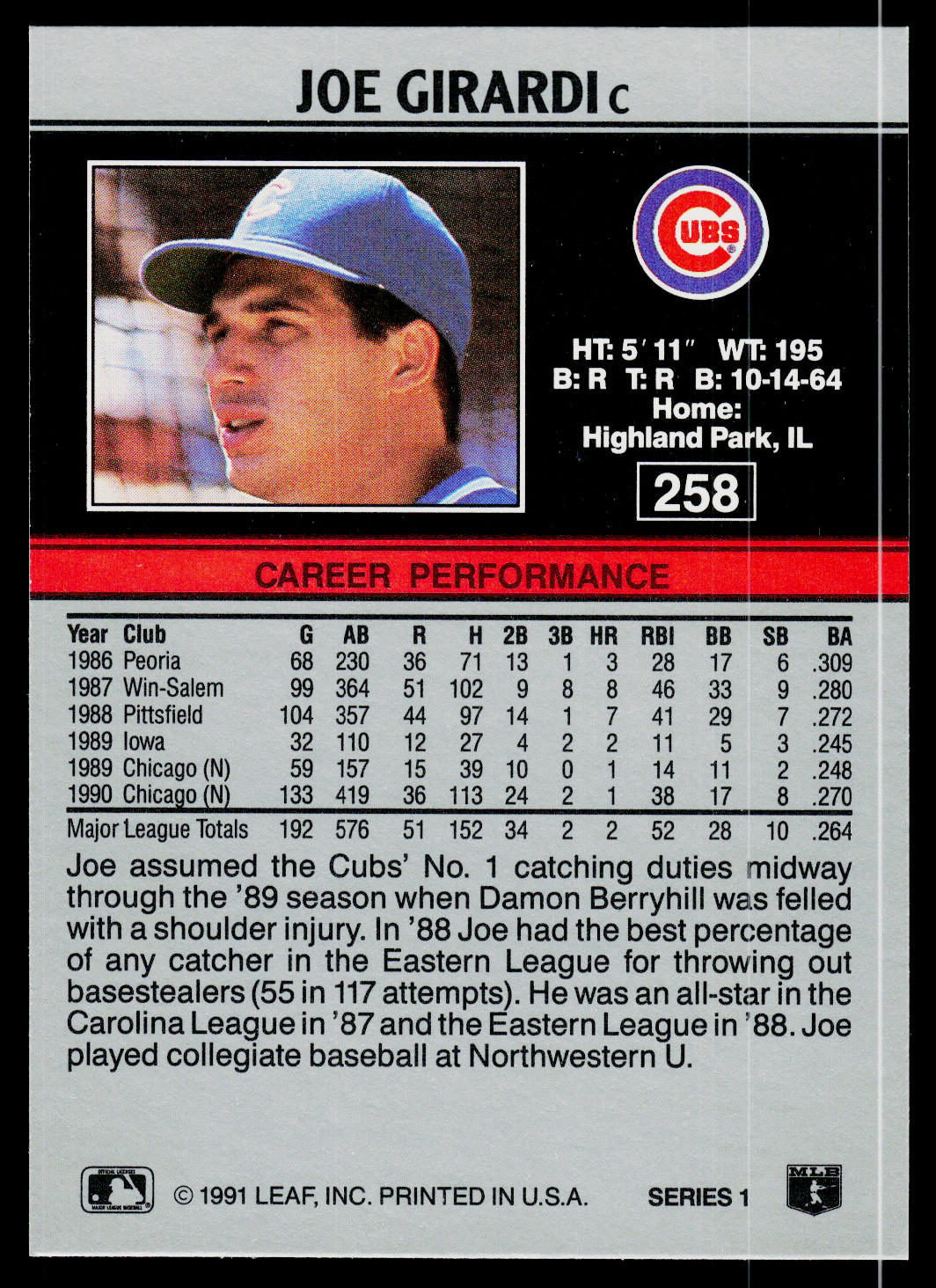 Joe Girardi 1991 Leaf #258 Chicago Cubs