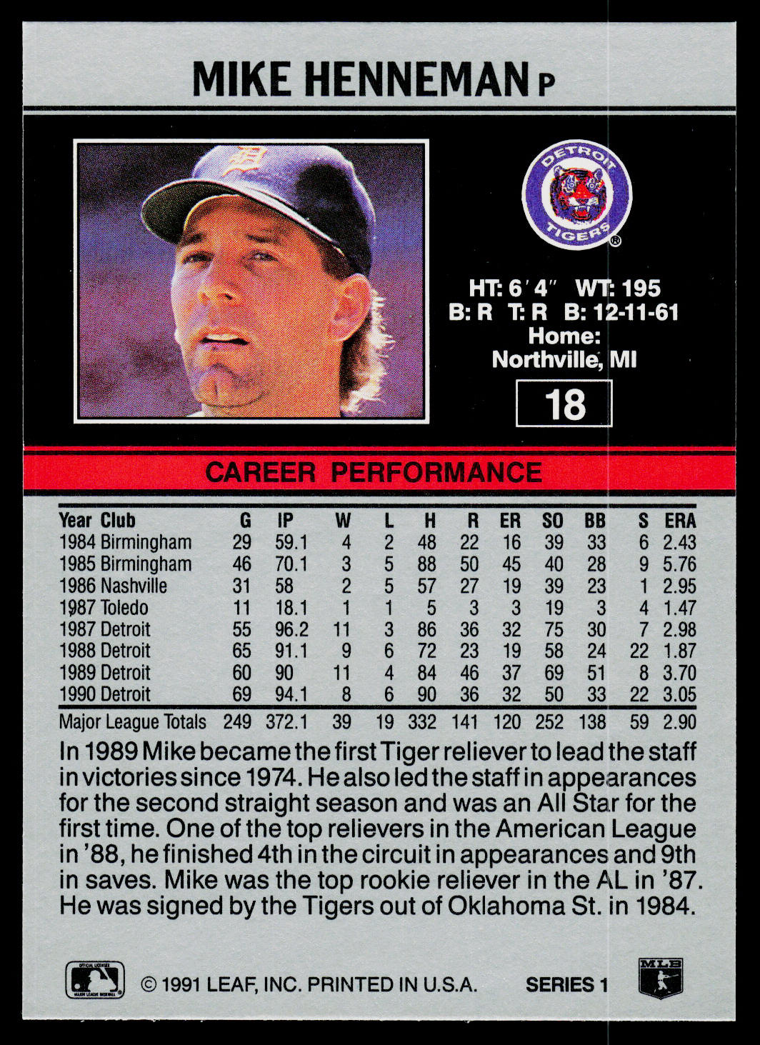 Mike Henneman 1991 Leaf #18 Detroit Tigers