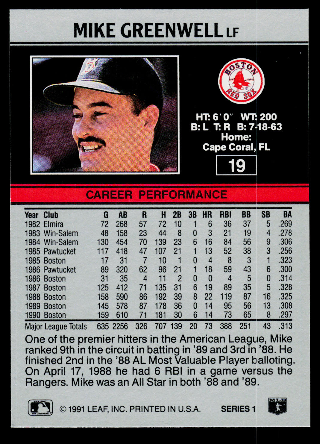 Mike Greenwell 1991 Leaf #19 Boston Red Sox