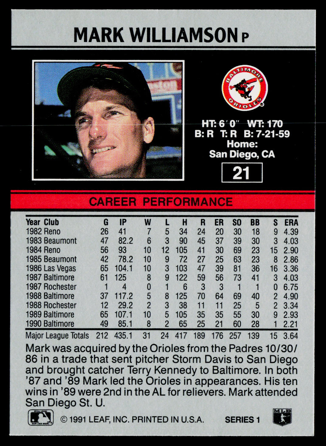 Mark Williamson 1991 Leaf #21 Baltimore Orioles