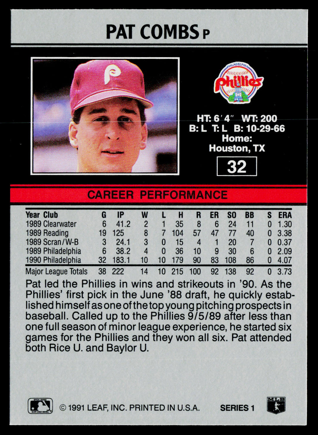 Pat Combs 1991 Leaf #32 Philadelphia Phillies