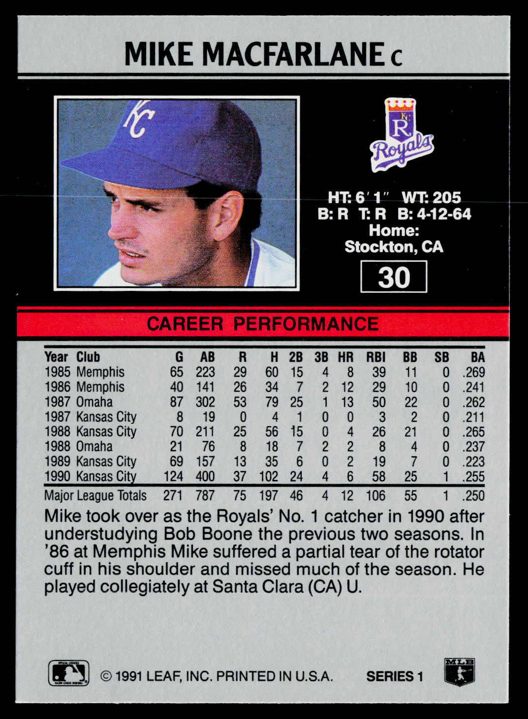 Mike Macfarlane 1991 Leaf #30 Kansas City Royals