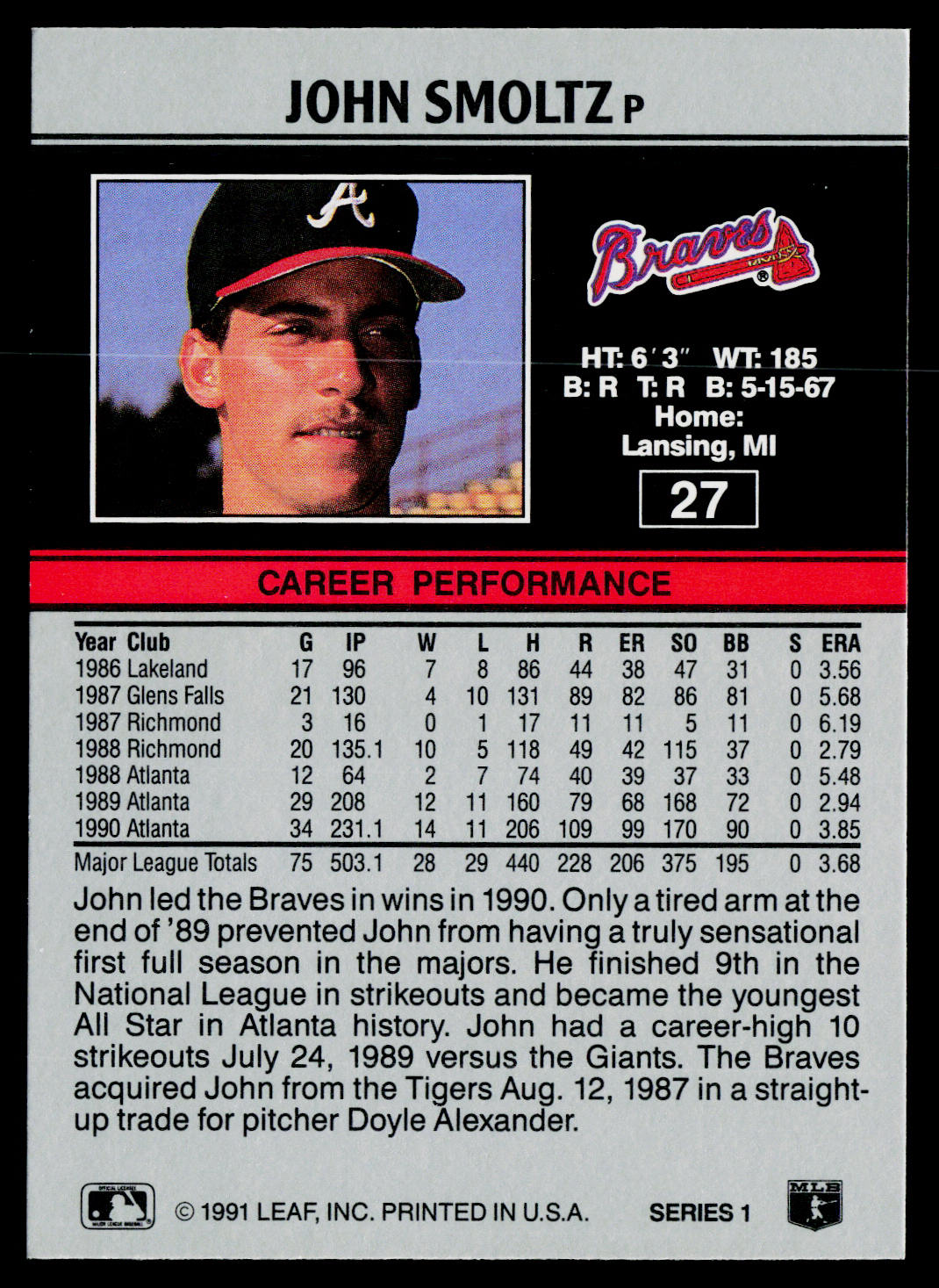 John Smoltz 1991 Leaf #27 Atlanta Braves