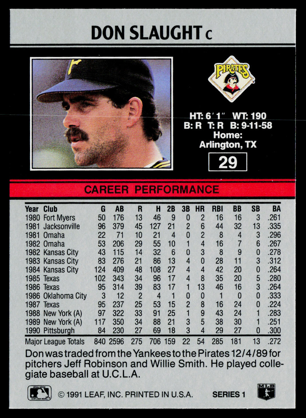 Don Slaught 1991 Leaf #29 Pittsburgh Pirates