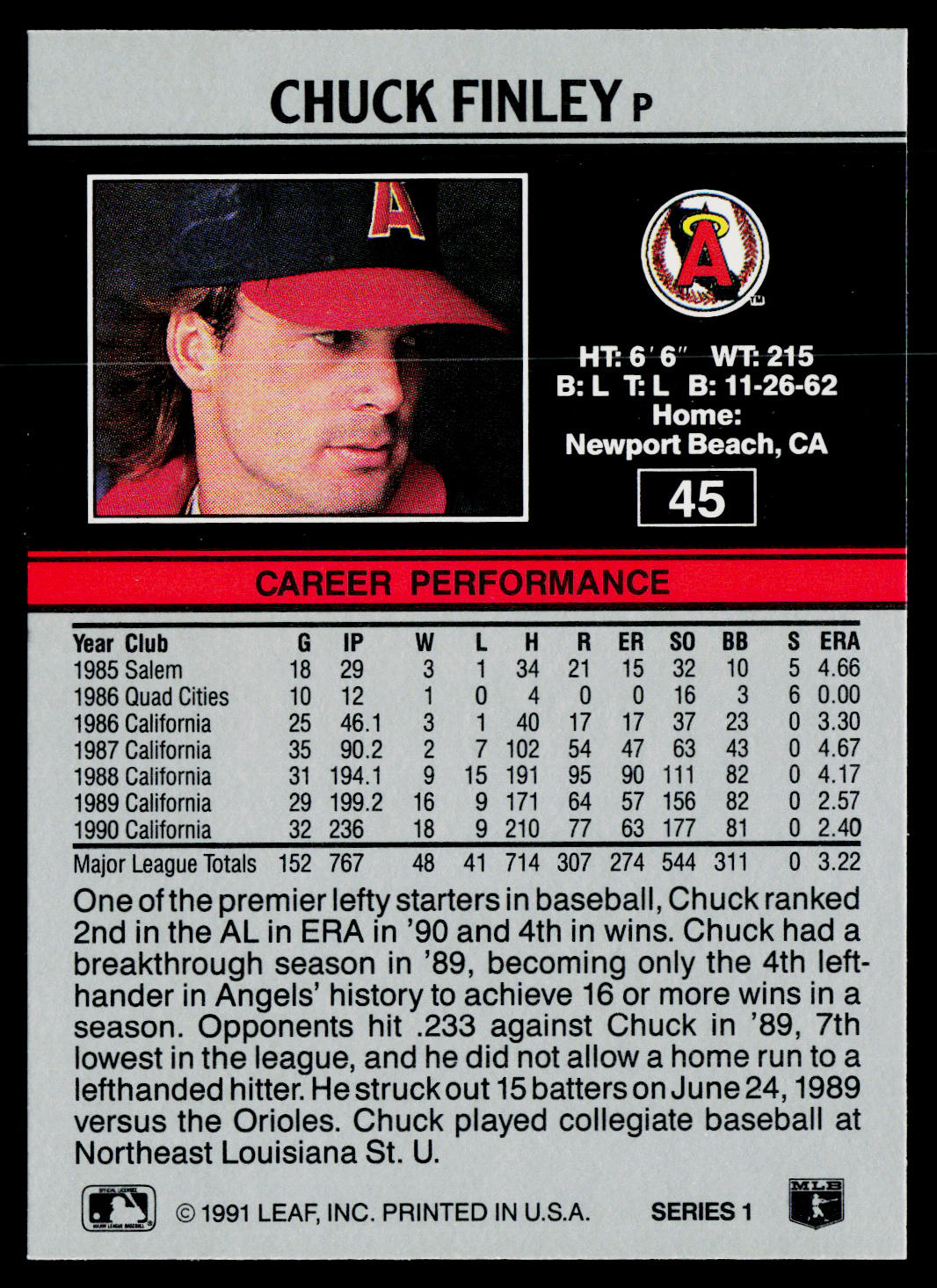 Chuck Finley 1991 Leaf #45 California Angels