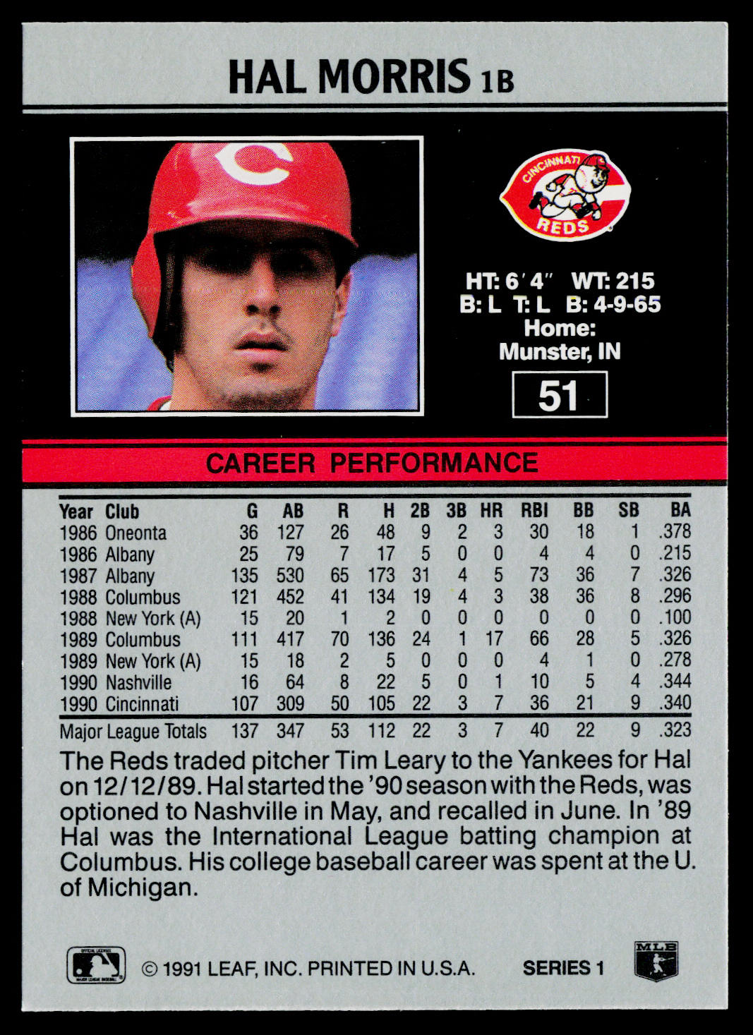 Hal Morris 1991 Leaf #51 Cincinnati Reds