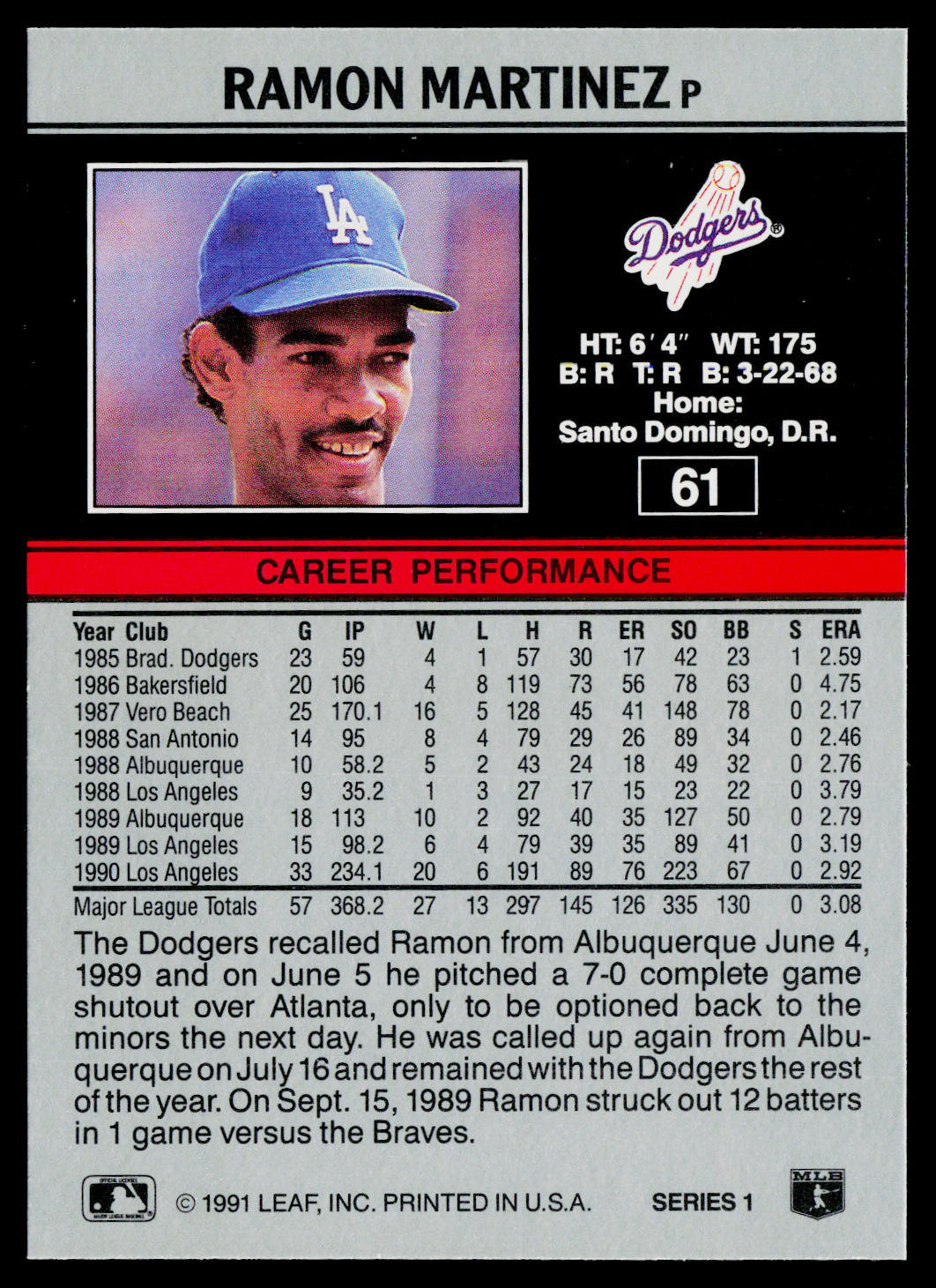 Ramon Martinez 1991 Leaf #61 Los Angeles Dodgers