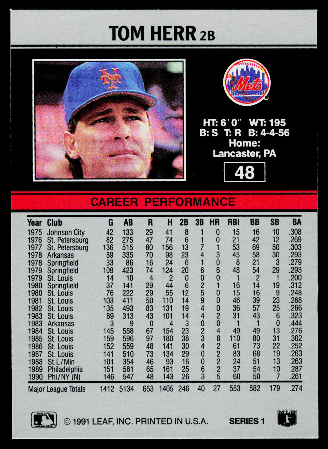 Tom Herr 1991 Leaf #48 New York Mets