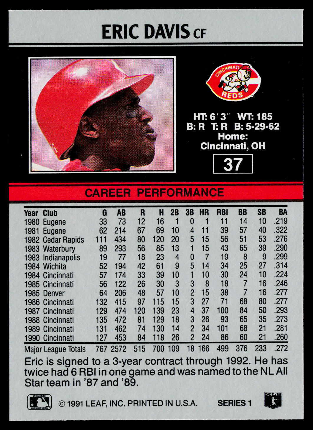 Eric Davis 1991 Leaf #37 Cincinnati Reds
