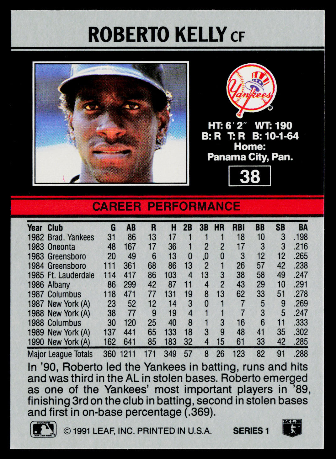 Roberto Kelly 1991 Leaf #38 New York Yankees