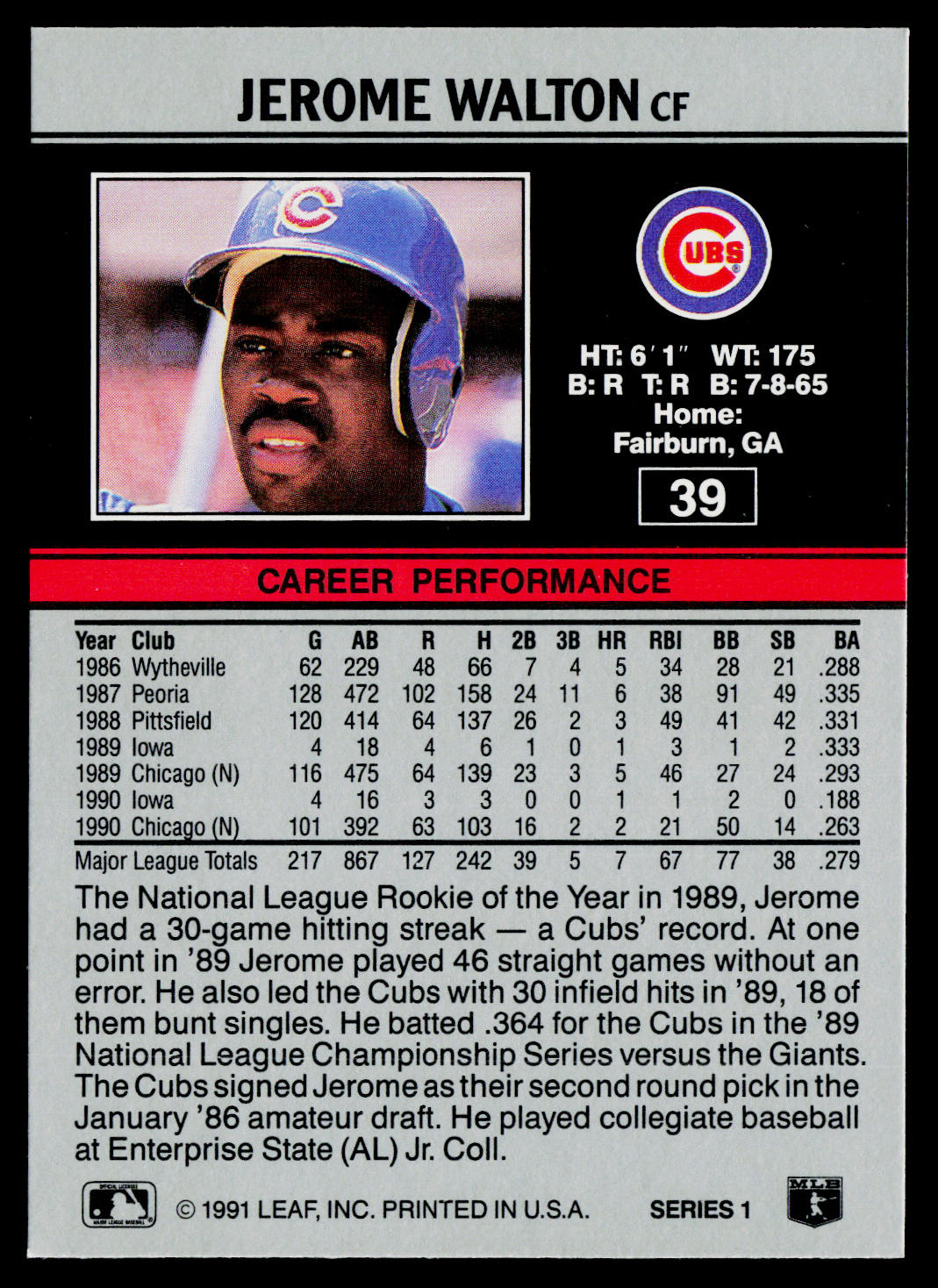 Jerome Walton 1991 Leaf #39 Chicago Cubs