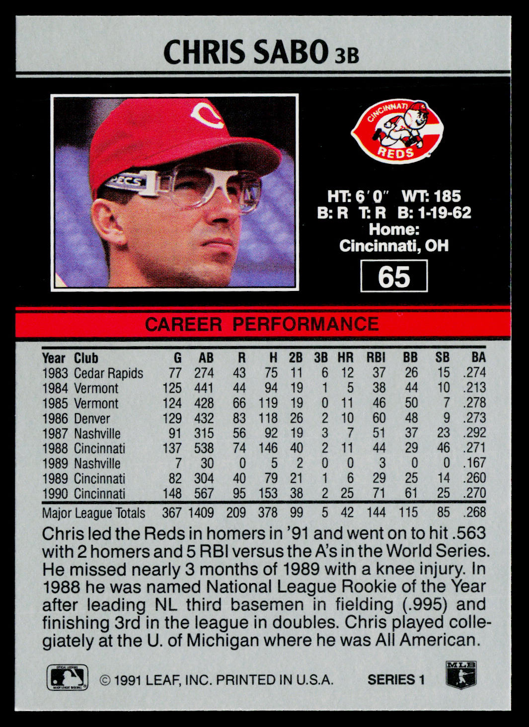 Chris Sabo 1991 Leaf #65 Cincinnati Reds