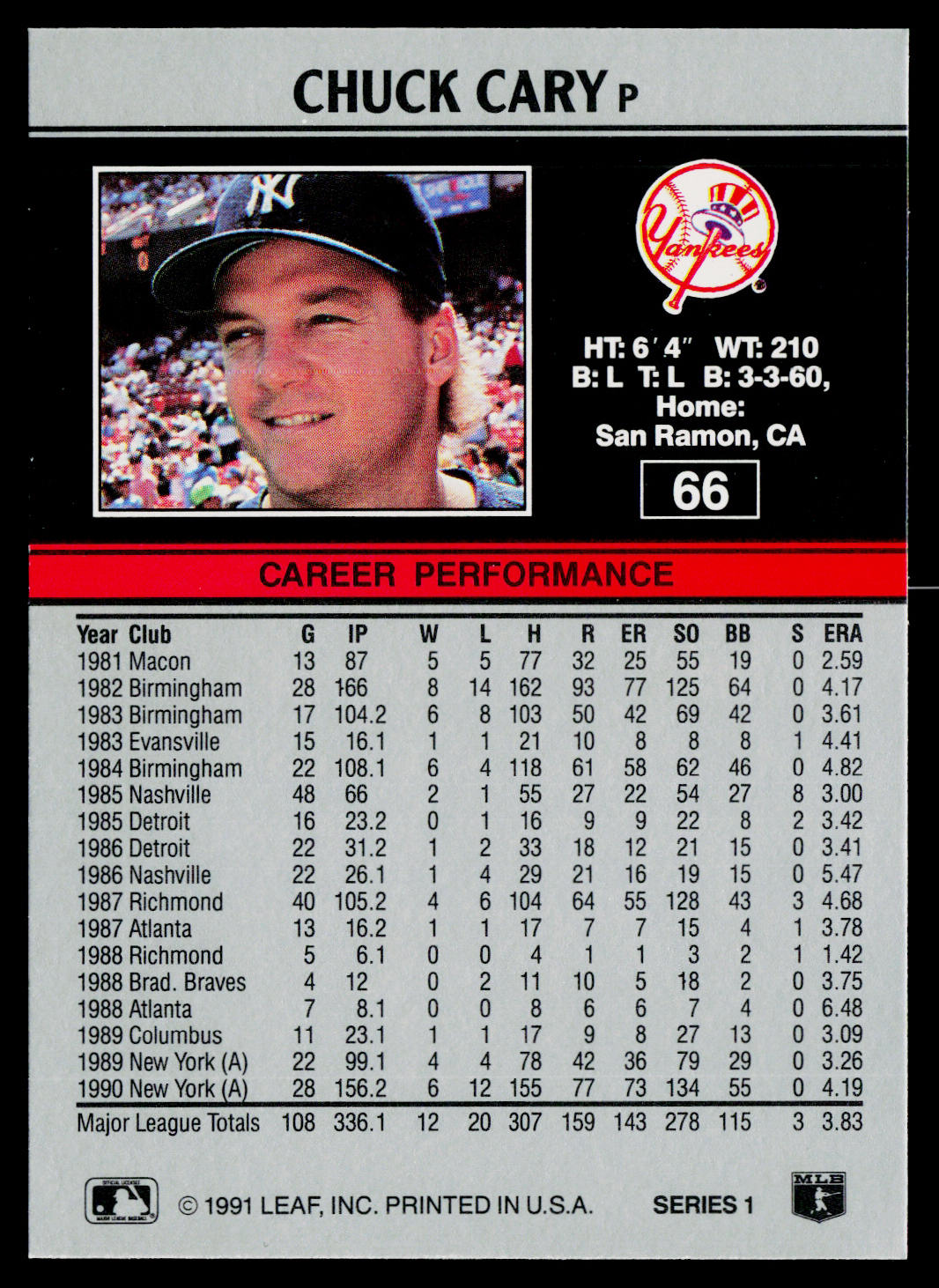Chuck Cary 1991 Leaf #66 New York Yankees